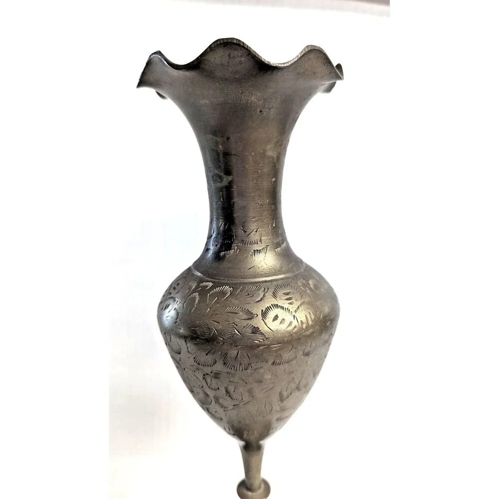 Brass Ruffle Top Bud Vase 11-in Etched Design Vintage 1950s India Bohemian Gift